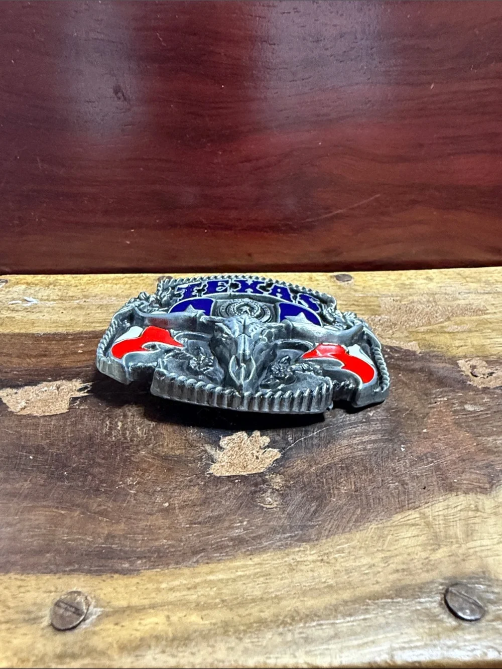 Texas Longhorn Enamel Belt Buckle – Red & Blue Accent